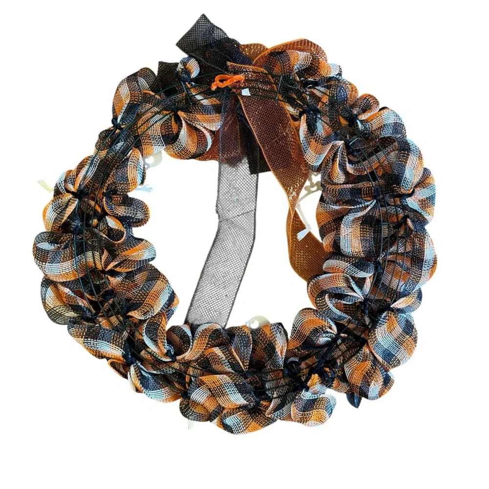 Halloween Mesh Wreath with Plaid Ribbon, Flowers & Cute Skeletons – 23″